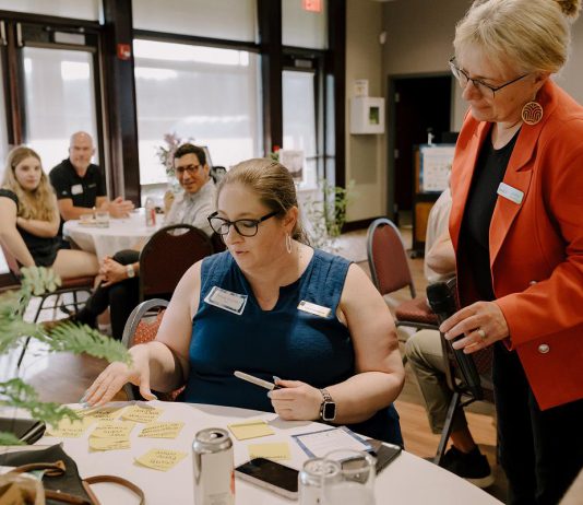 Attendees at Green Economy Peterborough's fifth annual Leadership in Sustainability Celebration on June 11, 2026 collaborate on a visioning exercise where they shared ideas on what a healthy, sustainable version of Peterborough and the Kawarthas in 2050 means to them. Responses included vibrant neighbourhoods, thriving local businesses and a resilient low-carbon economy. (Photo: Heather Doughty)