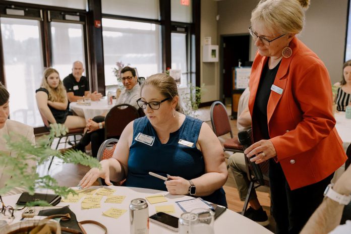 Attendees at Green Economy Peterborough's fifth annual Leadership in Sustainability Celebration on June 11, 2026 collaborate on a visioning exercise where they shared ideas on what a healthy, sustainable version of Peterborough and the Kawarthas in 2050 means to them. Responses included vibrant neighbourhoods, thriving local businesses and a resilient low-carbon economy. (Photo: Heather Doughty)