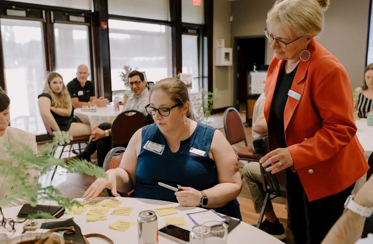 Attendees at Green Economy Peterborough's fifth annual Leadership in Sustainability Celebration on June 11, 2026 collaborate on a visioning exercise where they shared ideas on what a healthy, sustainable version of Peterborough and the Kawarthas in 2050 means to them. Responses included vibrant neighbourhoods, thriving local businesses and a resilient low-carbon economy. (Photo: Heather Doughty)