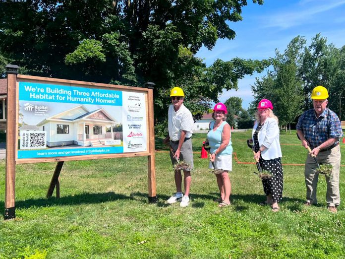 Asphodel-Norwood Township mayor Patrick Wilford, Habitat for Humanity Peterborough & Kawartha Region (Habitat PKR) CEO Susan Zambonin, Peterborough County warden Bonnie Clark, and Joe Crowley behalf of his son David Crowley from Crowley Farms during a ground-breaking ceremony for Habitat PKR's three single-family homes in Norwood. Crowley Farms donated the land on which the homes will be built. (Photo: Habitat PKR)