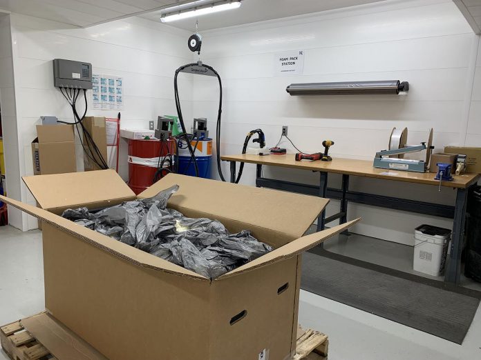 Among the upgrades to its warehouse at the Peterborough Airport, KADEX Aero Supply has installed a spray foam system from Sealed Air that stabilizes parts so they cannot move when being shipped. For large and heavy parts like landing gear and brakes, this is crucial for preventing damage while in transit. (Photo courtesy of KADEX Aero Supply)