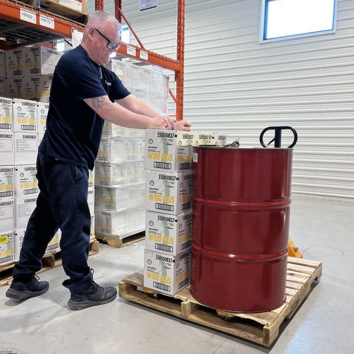 KADEX Aero Supply employee Jeff Lang prepares a customer order at the company's newly renovated and expanded warehouse at the Peterborough Airport. KADEX now has more space to stock parts in Canada rather than bringing them in from the U.S. (Photo courtesy of KADEX Aero Supply)