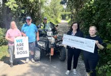 Ross Memorial Hospital Foundation celebrates milestone donation from Kawartha ATV Association Ross Memorial Hospital Foundation CEO Erin Coon (second from right) accepts a cheque for $15,579.44 from Rhonda White of the Kawartha ATV Association (KATVA). Also pictured from left to right are KATVA volunteer Susan Reeds, KATVA volunteer and founding member Tony Bullough, and KATVA board member Chris Pellow. (Photo courtesy of Ross Memorial Hospital Foundation)