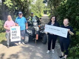 Ross Memorial Hospital Foundation CEO Erin Coon (second from right) accepts a cheque for $15,579.44 from Rhonda White of the Kawartha ATV Association (KATVA). Also pictured from left to right are KATVA volunteer Susan Reeds, KATVA volunteer and founding member Tony Bullough, and KATVA board member Chris Pellow. (Photo courtesy of Ross Memorial Hospital Foundation)