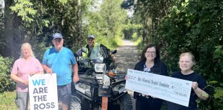 Ross Memorial Hospital Foundation celebrates milestone donation from Kawartha ATV Association Ross Memorial Hospital Foundation CEO Erin Coon (second from right) accepts a cheque for $15,579.44 from Rhonda White of the Kawartha ATV Association (KATVA). Also pictured from left to right are KATVA volunteer Susan Reeds, KATVA volunteer and founding member Tony Bullough, and KATVA board member Chris Pellow. (Photo courtesy of Ross Memorial Hospital Foundation)