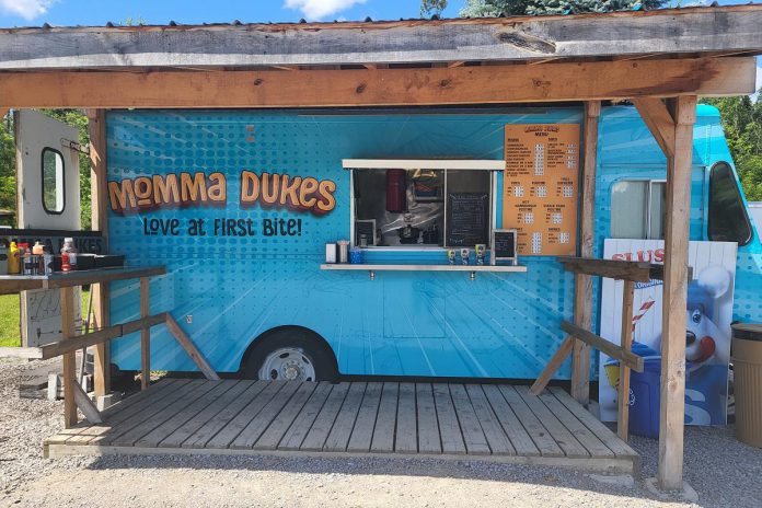 Created from a restored hydro truck, Momma Dukes is a food truck located in Omemee. In addition to specialty poutines, fresh cut fries, and hamburgers made daily, the food truck now stocks 10 flavours of Central Smith ice cream and original Slush Puppies. (Photo courtesy of Momma Dukes)