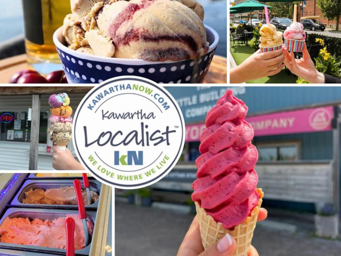 This edition of kawarthaNOW's "Kawartha Localist" editorial series features our favourite ice cream and frozen treat destinations in the Kawarthas, including Central Smith Creamery in Selwyn Township, Reclaimed Garden Co. in Burleigh Falls, Kawartha Dairy in Bobcaygeon and beyond, Canoe Co. Café in downtown Peterborough, Violet's Frozen Yogurt in Kinmount, Mercury Chocolates & Gelateria in Cobourg, and The Little Frozen Yogurt Company in Douro. (kawarthaNOW collage)