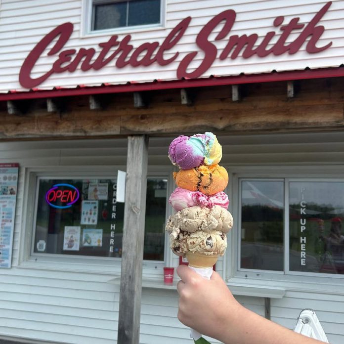 Owned by the Scates family since 1978, Central Smith Creamery in Selwyn Township is Canada's oldest independently owned dairy and produces ice cream that is only available from the creamery and at restaurants and ice cream parlours across Canada. Central Smith serves a rotating lineup of ice cream flavours, including the popular new flavours Strawberry Matcha and Milk Chocolate Caramel Rollover. (Photo courtesy of Central Smith)