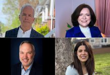 The candidates running for the two councillor positions in Ward 1 (Otonabee) in Peterborough's municipal election, as of July 4, 2026, are (left to right, top and bottom) incumbent Kevin Duguay, incumbent Lesley Parnell, Chris Potter, and Jessica Correa. (kawarthaNOW collage of photos from candidate websites)