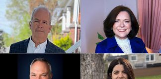 The candidates running for the two councillor positions in Ward 1 (Otonabee) in Peterborough's municipal election, as of July 4, 2026, are (left to right, top and bottom) incumbent Kevin Duguay, incumbent Lesley Parnell, Chris Potter, and Jessica Correa. (kawarthaNOW collage of photos from candidate websites)