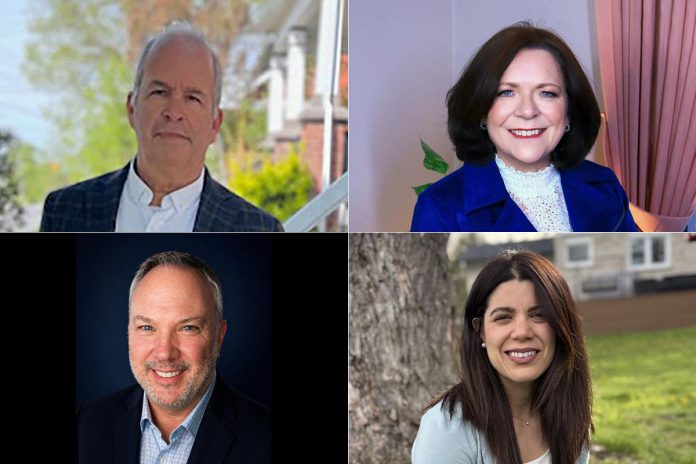 The candidates running for the two councillor positions in Ward 1 (Otonabee) in Peterborough's municipal election, as of July 4, 2026, are (left to right, top and bottom) incumbent Kevin Duguay, incumbent Lesley Parnell, Chris Potter, and Jessica Correa. (kawarthaNOW collage of photos from candidate websites)