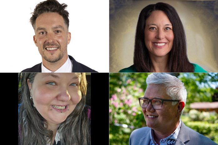 The candidates running for the two councillor positions in Ward 3 (Town) in Peterborough's municipal election, as of July 12, 2026, are (left to right, top and bottom) incumbent Alex Bierk, Jenni Cathcart, Jessica Kuhlmorgen-Hill, and incumbent Joy Lachica. (kawarthaNOW collage of photos from City of Peterborough and candidate websites/social media)