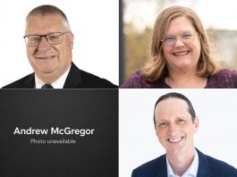 The candidates running for the two councillor positions in Ward 4 (Ashburnham) in Peterborough's municipal election, as of July 20, 2026, are (left to right, top and bottom) incumbent Gary Baldwin, Ashley Bonner, Andrew McGregor (photo unavailable), and Jason Stabler. (kawarthaNOW collage of photos from City of Peterborough and candidate websites)