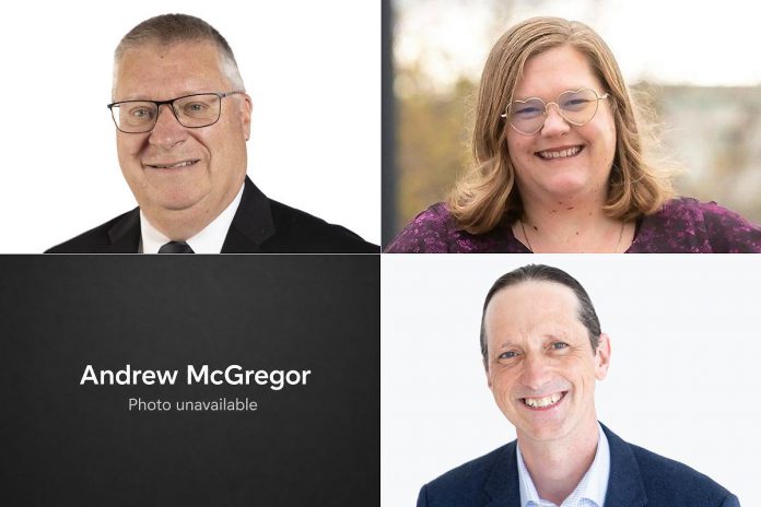 The candidates running for the two councillor positions in Ward 4 (Ashburnham) in Peterborough's municipal election, as of July 20, 2026, are (left to right, top and bottom) incumbent Gary Baldwin, Ashley Bonner, Andrew McGregor (photo unavailable), and Jason Stabler. (kawarthaNOW collage of photos from City of Peterborough and candidate websites) The candidates running for the two councillor positions in Ward 4 (Ashburnham) in Peterborough's municipal election, as of July 20, 2026, are (left to right, top and bottom) incumbent Gary Baldwin, Ashley Bonner, Andrew McGregor (photo unavailable), and Jason Stabler. (kawarthaNOW collage of photos from City of Peterborough and candidate websites)