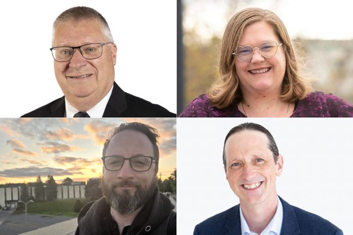 The candidates running for the two councillor positions in Ward 4 (Ashburnham) in Peterborough's municipal election, as of July 20, 2026, are (left to right, top and bottom) incumbent Gary Baldwin, Ashley Bonner, Andrew McGregor, and Jason Stabler. (kawarthaNOW collage of photos from City of Peterborough and candidate websites)
