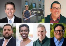 The seven candidates running for two councillor positions in Ward 5 (Northcrest) in Peterborough's municipal election, as of July 28, 2026, are (left to right, top and bottom) incumbent Andrew Beamer, Debbie Halstead, Phil Jolicoeur, Paul Lawton, Charmaine Magumbe, Gavin Muir, and Jim Wasson, (kawarthaNOW collage of photos from candidate websites and social media)