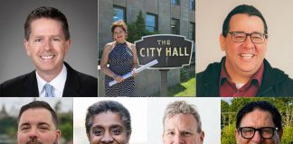 The seven candidates running for two councillor positions in Ward 5 (Northcrest) in Peterborough's municipal election, as of July 28, 2026, are (left to right, top and bottom) incumbent Andrew Beamer, Debbie Halstead, Phil Jolicoeur, Paul Lawton, Charmaine Magumbe, Gavin Muir, and Jim Wasson, (kawarthaNOW collage of photos from candidate websites and social media)