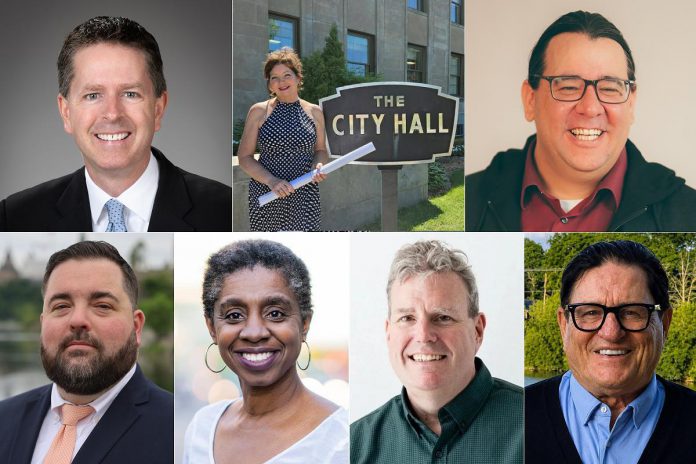 The seven candidates running for two councillor positions in Ward 5 (Northcrest) in Peterborough's municipal election, as of July 28, 2026, are (left to right, top and bottom) incumbent Andrew Beamer, Debbie Halstead, Phil Jolicoeur, Paul Lawton, Charmaine Magumbe, Gavin Muir, and Jim Wasson, (kawarthaNOW collage of photos from candidate websites and social media)