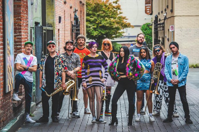 Niagara Region brass-funk band My Son The Hurricane performs a free-admission concert at Peterborough Musicfest in Del Crary Park on July 25, 2026. (Photo: Colin Smith)