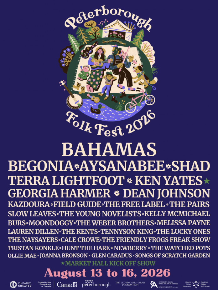 The full lineup for the 37th annual Peterborough Folk Festival, which takes place from August 13 to 16, 2026. (Artwork: Kathryn Durst)