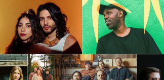 Newly announced performers for the 2026 Peterborough Folk Festival, which takes place from August 13 to 16, include (left to right, top and bottom) Juno award-winning Arabic psychedelic funk duo Kazdoura and hip-hop artist Shad, Georgia Harmer, Burs, The Kents, and Cale Crowe. (kawarthaNOW collage of supplied photos)