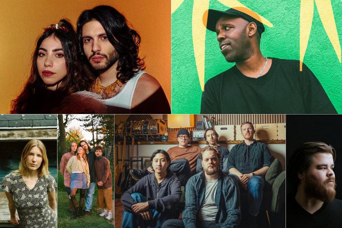 Newly announced performers for the 2026 Peterborough Folk Festival, which takes place from August 13 to 16, include (left to right, top and bottom) Juno award-winning Arabic psychedelic funk duo Kazdoura and hip-hop artist Shad, Georgia Harmer, Burs, The Kents, and Cale Crowe. (kawarthaNOW collage of supplied photos)