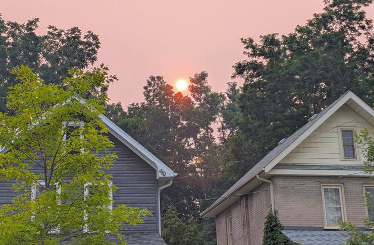 Air quality warning in effect for Kawarthas region due to smoke from northwestern Ontario forest fires The evening sky above Peterborough's East City on July 14, 2026 as a result of smoke from forest fires in northwestern Ontario. (Photo: Bruce Head / kawarthaNOW)
