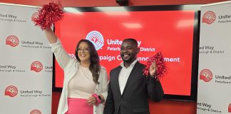 The United Way Peterborough & District's incoming campaign chair Tiffany Arcari with the non-profit organization's newly appointed CEO Jason Seguya during an announcement of her appointment at the United Way's office on July 15, 2026. (Photo: Jeannine Taylor / kawarthaNOW)
