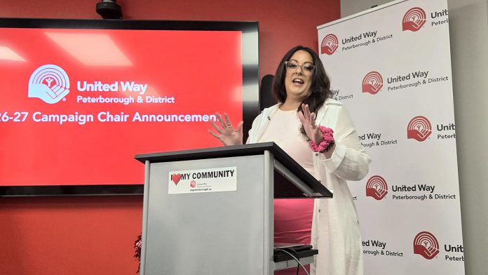 The United Way Peterborough & District's incoming campaign chair Tiffany Arcari speaks during an announcement of her appointment at the United Way's office on July 15, 2026. (Photo: Jeannine Taylor / kawarthaNOW)
