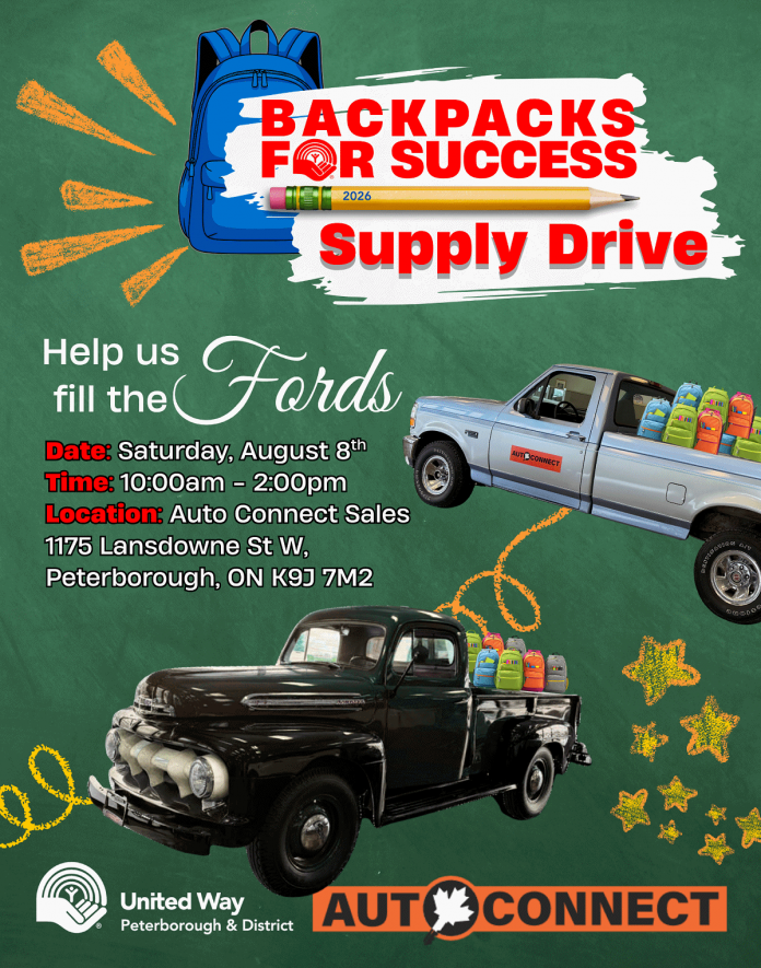 Auto Sales Connect's "Fill the Fords" event in support of the United Way Peterborough & District's 2026 Backpacks for Success program takes place from 10 a.m. to 2 p.m. on Saturday, August 8 at 1175 Lansdowne Street West in Peterborough. There will also be a barbeque and ice cream available, as well as games and opportunities to learn about United Way's essential programming. (Image courtesy of United Way Peterborough & District)
