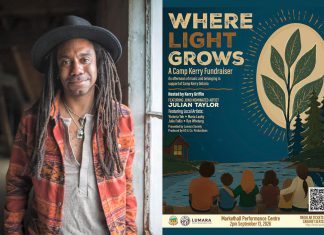 Award-winning singer-songwriter and guitarist Julian Taylor will headline "Where Light Grows: A Camp Kerry Fundraiser" on September 13, 2026 at Market Hall Performing Arts Centre in downtown Peterborough, which will also feature local performers Victoria Yeh, Maria Leahy, Rye Whetung, and Julie Fallis, with Kerry Griffin serving as master of ceremonies. (Photo: Lisa MacIntosh / Poster: KS & Co. Productions)