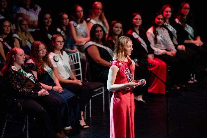 Olivia Avery of the Lindsay Agricultural Society speaking during the finals of the 2026 Ambassador of the Fairs program at the Canadian National Exhibition (CNE) in Toronto on August 23, 2026. Three finalists were judged on a wide range of criteria including knowledge of the CNE and Canadian agriculture, poise, self-confidence, public speaking, and overall impression. (Photo courtesy of CNE)