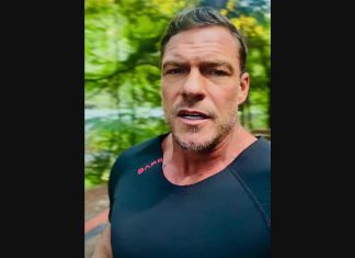 "Reacher" star Alan Ritchson in an Instagram reel posted from Minden Whitewater Preserve in the Haliburton Highlands on August 29, 2026, one of the Ontario locations for the fifth season of the popular Amazon Prime Video action-thriller series based on the best-selling books by Lee Childs. (kawarthaNOW screenshot)