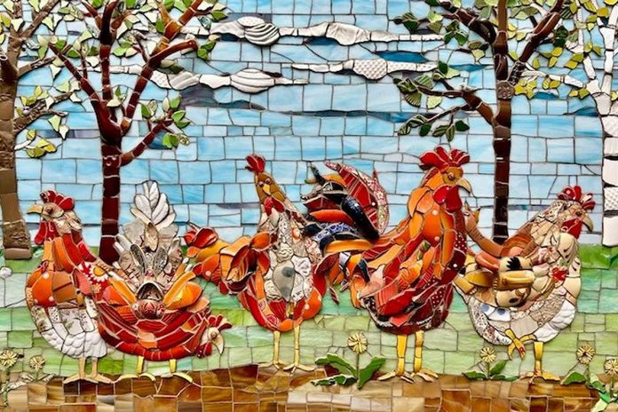 Anja Hertle is one of 27 artists participating in the 2026 Apsley Autumn Studio Tour taking place across North Kawartha Township on September 19 and 20. Hertle works with broken china, pottery, porcelain figurines, and tile to give them a second life in her mosaic art pieces. During the tour, she will be based at Studio G at 17 Fire Route 52A alongside painter David Grieve. (Photo courtesy of Apsley Autumn Studio Tour)