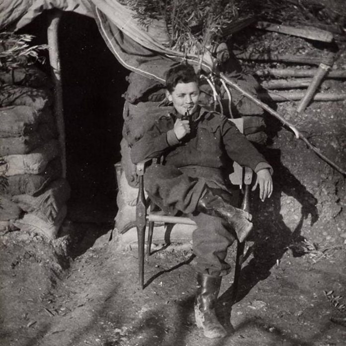A 22-year-old Farley Mowat beside a dugout near Ortona, Italy in 1943 when he was platoon commander with the Hastings and Prince Edward Regiment. During the Battle of Ortona, the regiment lost a third of its fighting men, who were either killed or wounded. (Photo: Mowat family collection)