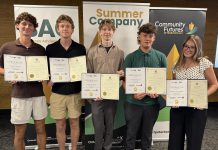 Six Peterborough-area student entrepreneurs graduate from Summer Company program Rutger Huntley, Aiden Budd, Zander Bromley, Caleb Galbraith, and Rielle MacDougall are five of the six Peterborough-area student entreprenuers who graduated from the provincially funded Summer Company program, administered locally by Community Futures Peterborough's Business Advisory Centre. Not pictured is Emma George-Peters. The young entrepreneurs participated in a graduation ceremony at Venture North in downtown Peterborough on August 26, 2026 along with a tradeshow showcasing the businesses they launched and operated throughout the summer. (Photo courtesy of Community Futures Peterborough)