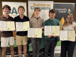 Rutger Huntley, Aiden Budd, Zander Bromley, Caleb Galbraith, and Rielle MacDougall are five of the six Peterborough-area student entreprenuers who graduated from the provincially funded Summer Company program, administered locally by Community Futures Peterborough's Business Advisory Centre. Not pictured is Emma George-Peters. The young entrepreneurs participated in a graduation ceremony at Venture North in downtown Peterborough on August 26, 2026 along with a tradeshow showcasing the businesses they launched and operated throughout the summer. (Photo courtesy of Community Futures Peterborough)