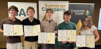 Six Peterborough-area student entrepreneurs graduate from Summer Company program Rutger Huntley, Aiden Budd, Zander Bromley, Caleb Galbraith, and Rielle MacDougall are five of the six Peterborough-area student entreprenuers who graduated from the provincially funded Summer Company program, administered locally by Community Futures Peterborough's Business Advisory Centre. Not pictured is Emma George-Peters. The young entrepreneurs participated in a graduation ceremony at Venture North in downtown Peterborough on August 26, 2026 along with a tradeshow showcasing the businesses they launched and operated throughout the summer. (Photo courtesy of Community Futures Peterborough)