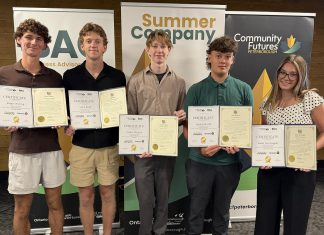 Rutger Huntley, Aiden Budd, Zander Bromley, Caleb Galbraith, and Rielle MacDougall are five of the six Peterborough-area student entreprenuers who graduated from the provincially funded Summer Company program, administered locally by Community Futures Peterborough's Business Advisory Centre. Not pictured is Emma George-Peters. The young entrepreneurs participated in a graduation ceremony at Venture North in downtown Peterborough on August 26, 2026 along with a tradeshow showcasing the businesses they launched and operated throughout the summer. (Photo courtesy of Community Futures Peterborough)
