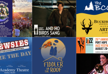 encoreNOW for August 10, 2026 features (from left to right, top and bottom) the 37th annual Peterborough Folk Festival, Farley Mowat's "And No Birds Sang" at Port Hope's Capitol Theatre, the return of the Buckhorn Festival of the Arts, "Newsies The Broadway Musical" at Lindsay's Academy Theatre, "Fiddler on the Roof" at the Bancroft Village Playhouse, and the Port Hope Jazz Festival. (kawarthaNOW collage)