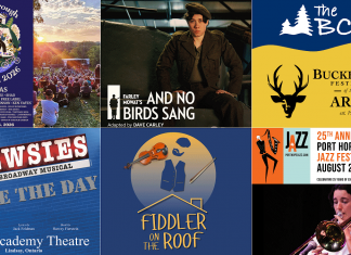 encoreNOW – August 10, 2026 encoreNOW for August 10, 2026 features (from left to right, top and bottom) the 37th annual Peterborough Folk Festival, Farley Mowat's "And No Birds Sang" at Port Hope's Capitol Theatre, the return of the Buckhorn Festival of the Arts, "Newsies The Broadway Musical" at Lindsay's Academy Theatre, "Fiddler on the Roof" at the Bancroft Village Playhouse, and the Port Hope Jazz Festival. (kawarthaNOW collage)
