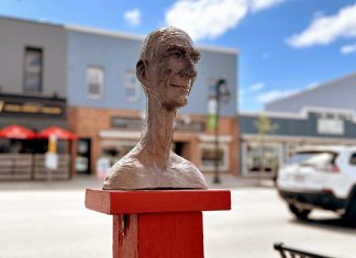 Artist Rosalinde Baumgartner's sculpture "Hans" was stolen from the Downtown Sculpture Exhibition in Fenelon Falls on August 23, 2026. The Fenelon Arts Committee is asking for the public's help in recovering the sculpture, which is valued at $2,000. (Photo: Fenelon Arts Committee)