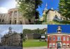 Left to right, top and bottom: Peterborough City Hall, Kawartha Lakes City Hall in Lindsay, Victoria Hall in Cobourg, the Township of Selwyn municipal office, and Port Hope Town Hall. (kawarthaNOW collage)