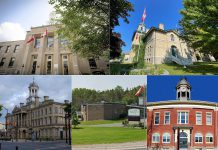 Left to right, top and bottom: Peterborough City Hall, Kawartha Lakes City Hall in Lindsay, Victoria Hall in Cobourg, the Township of Selwyn municipal office, and Port Hope Town Hall. (kawarthaNOW collage)