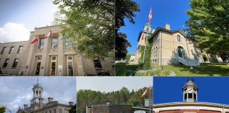 Left to right, top and bottom: Peterborough City Hall, Kawartha Lakes City Hall in Lindsay, Victoria Hall in Cobourg, the Township of Selwyn municipal office, and Port Hope Town Hall. (kawarthaNOW collage)