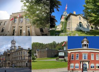 Left to right, top and bottom: Peterborough City Hall, Kawartha Lakes City Hall in Lindsay, Victoria Hall in Cobourg, the Township of Selwyn municipal office, and Port Hope Town Hall. (kawarthaNOW collage)