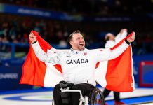 Jon Thurston, a native of Dunsford in Kawartha Lakes, celebrating Team Canada's gold medal win over Team China at the mixed team wheelchair curling competition at the Milano Cortina Paralympic Games on March 14, 2026. (Photo: World Curling)