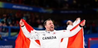 Jon Thurston, a native of Dunsford in Kawartha Lakes, celebrating Team Canada's gold medal win over Team China at the mixed team wheelchair curling competition at the Milano Cortina Paralympic Games on March 14, 2026. (Photo: World Curling)