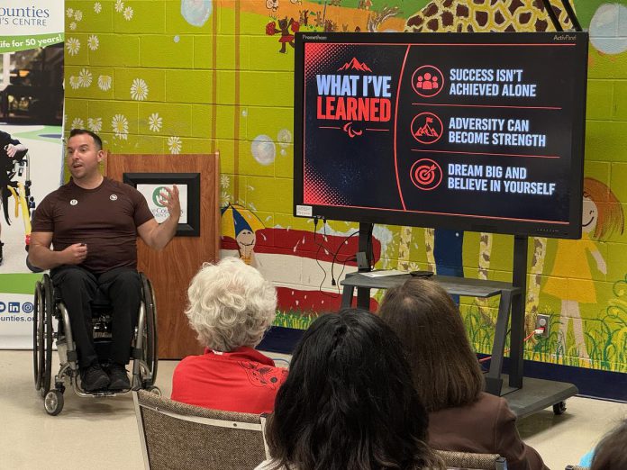 Gold-medal winning Paralympian Jon Thurston speaks at the 50th annual meeting of Five Counties Children's Centre on June 22, 2026. (Photo courtesy of Five Counties Children's Centre)