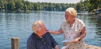 Globus Theatre founders and real-life couple James Barrett and Sarah Quick rehearsing their lines as Theo and Gwen in Kristen Da Silva's poignant romantic comedy "Beyond the Sea," which runs for 10 performances at the professional theatre company in Bobcaygeon from August 19 to 29, 2026. (Photo courtesy of Globus Theatre)